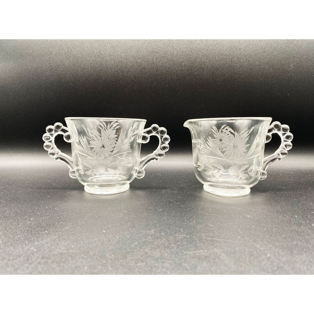Vintage W.J. Hughes Corn Flower Sugar Creamer Etched Glass Set